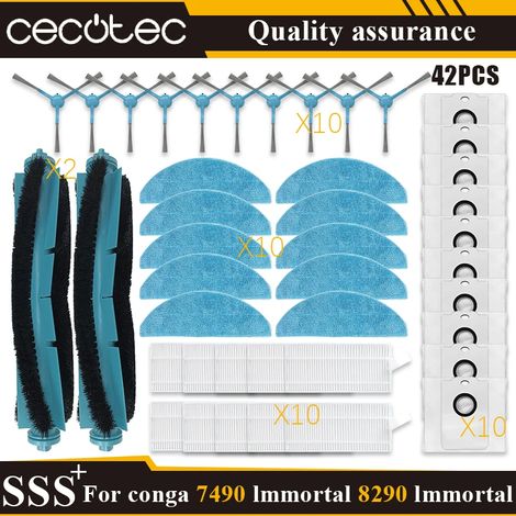 (42 pièces) Pièces détachées pour aspirateur Cecotec Conga 7490 Immortal/8290 Immortal : rouleau principal, brosse latérale, filtre HEPA, lingette de nettoyage, sac à poussière et accessoires. (1/4)