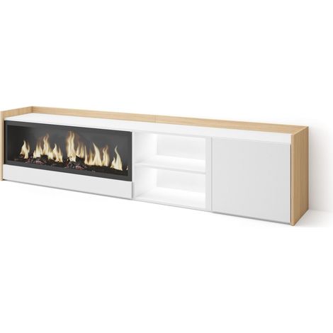 Skraut Home - Mueble TV, Televisión, Muebles de salón, almacenaje, 212x35x50cm, Para TV hasta 80", Chimenea eléctrica XXL, LED, Estilo Moderno, Blanco y roble soft (1/5)