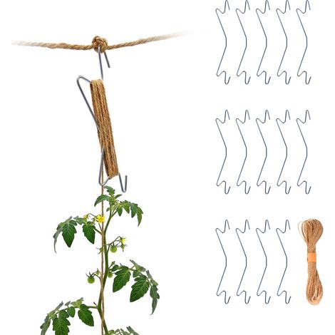 Relaxdays Tomaten Haken, 15er Set, 5 Meter kompostierbare Juteschnur, Gurken, Paprika, Metall Pflanzenstütze, silber (1/5)