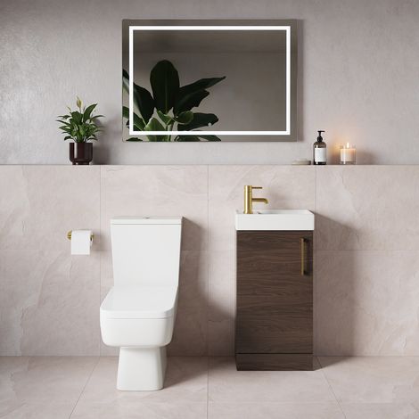 Napoli Cube Brown Oak 400mm Single Door Vanity Unit and Toilet Suite with Align Basin - 400mm - Brushed Brass 160mm Handle