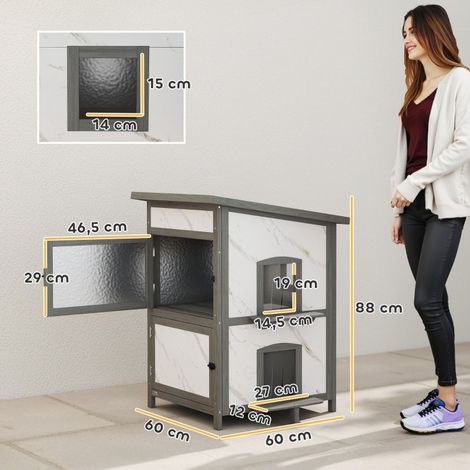 Cabane d'extérieur pour chat en bois blanc, imperméable, avec entrées multiples et fenêtres, 60x60x88 cm, abri de jardin pour félin, plusieurs accès, résistant aux intempéries, 3 ouvertures. (1/5)