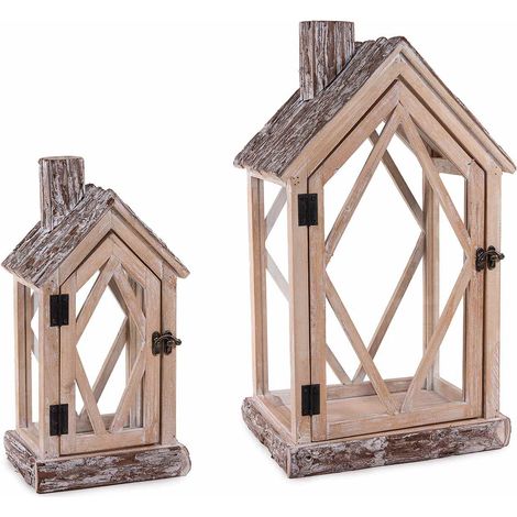 Lanternes en bois en forme de maison avec cheminée et socle écorce, lot de 2, Grande : 29 x 21 x H. 50 cm