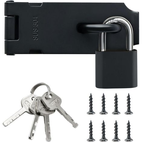 Edelstahl Türriegel mit Vorhängeschloss, Schwarz, 144mm, für Tor, Zaun, Schuppen