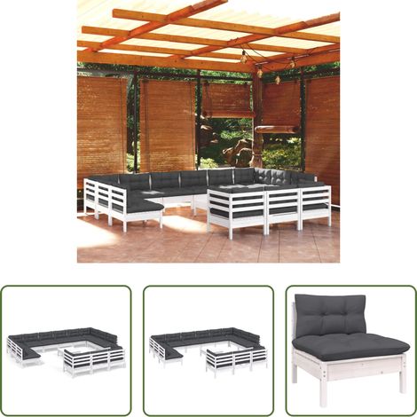 vidaXL Gartenmöbel - 14-tlg. Garten-Lounge-Set mit Kissen Weiß Kiefernholz (1/5)