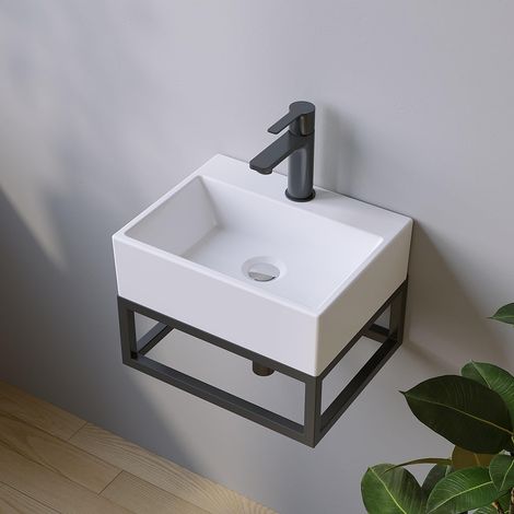 Waschbecken aus Keramik Eckig 38 x 30 cm Aufsatzwaschbecken für Waschtisch Unterschrank Waschplatz Hängewaschbecken Handwaschbecken klein Weiß Gäste WC mit Hahnloch (1/5)