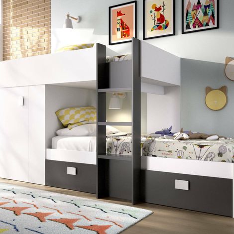 Dmora - Lit pour enfants Cevedale, Chambre complète avec armoire et tiroirs, Composition de lits superposés avec deux lits simples, 271x111h150 cm, Blanc et Anthracite, avec emballage renforcé