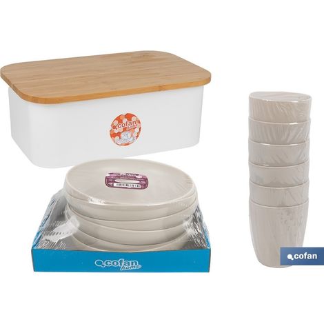Bambusdeckel-Paket mit 6 Wasserflößen und 6 Beige-Teller (1/4)