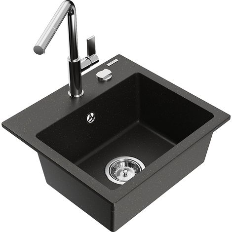 Mexen Milo 1-Becken-Granitspüle mit Mischbatterie Flora, Schwarz/Gold metallisch - 6505-75-670401-00