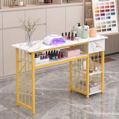 Maniküretisch – Geräumiger Schreibtisch – Arbeitsplatte mit Marmorstruktur – Viel Stauraum – Geeignet für Nagelstudios, Schönheitssalons und Friseursalons (1/5)