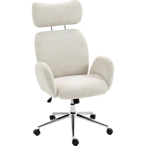 Chaise de bureau ergonomique avec appui-tête réglable, fonction inclinable, hauteur réglable, grise et blanche.