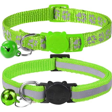 Colliers réfléchissants pour chats avec clochette, lot de 2, pour chatons mâles et femelles, réglables de 19 à 32 cm, verts (1/4)