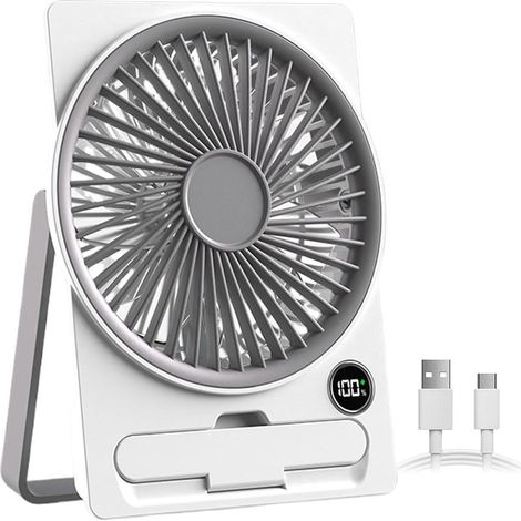 Ventilatore da tavolo USB ricaricabile con display LCD, design ultrasottile, ideale per campeggio, viaggi e uso interno, bianco (1/5)