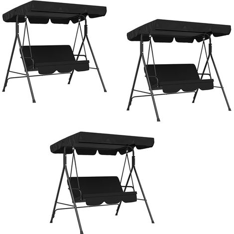 3er-Set hollywoodschaukel 3-Sitzer Gartenschaukel mit verstellbarem Dach, stabile Stahlkonstruktion, Schwarz, 172 x 110 x 153 cm für Garten & Terrasse