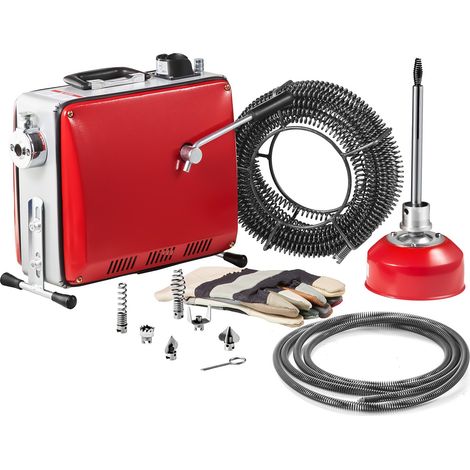 Furet Déboucheur Canalisations Électrique, 390 W, 1400 tr/min, avec Câble à Ressort Acier 12 m x 16 mm, 4,5 m x 16 mm, 8 m x 9,5 mm, 6 Coupeurs, pour Débouchage Tuyaux de 50-110 mm de Diamètre (1/5)