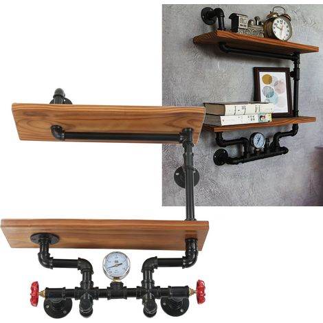 Étagères flottantes en fonte malléable et bois massif, 2 niveaux forme tuyau, décoration murale pour salon et chambre (1/5)