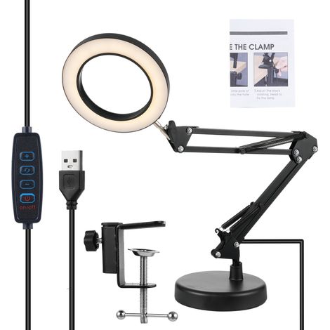 Lupa de 10 aumentos con lámpara de escritorio regulable 2 en 1 y clip, brazo articulado ajustable, lámpara de aumento LED para manualidades, trabajos de precisión y pintura.