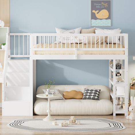 Lit mezzanine 90×200cm,haute clôture sécurité,armoire,étagères,rangement,échelle sécurité,lit multifonction bois blanc