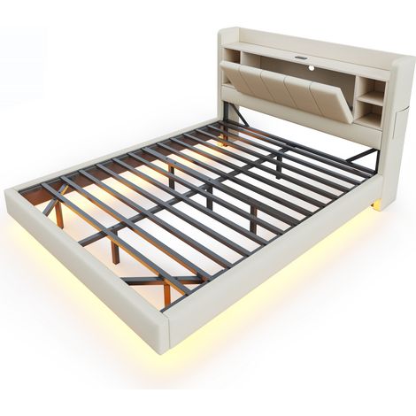 Cama tapizada 140 x 200 cm beige con USB, LED, almacenaje en cabecero, marco metálico (1/5)