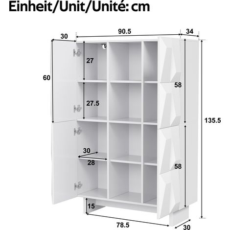 Schuhvitrine 90,5 x 34 x 135,5 cm aus weißer Spanplatte, 12 Fächer – MEUBLIV (1/5)