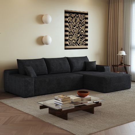 Canapé d'angle modulable 270x175x83 cm en tissu noir, gain de place pour salon FloraGrace (1/5)