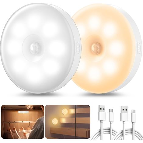 Lampe Detecteur de Mouvement Interieur Rechargeable USB, Veilleuse Detecteur de Mouvement Pour Couloir Cuisine, éclairage D'escalier, Chambre D'enfant, éclairage D'armoire (2 pièces) (1/5)
