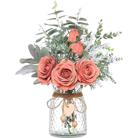 Faux Flowers with Vase Artificial Pink Rose Flowers in Vase Fake Eucalyptus Plant Floral Arrangement for Table Centerpieces, Baby Shower, Home Kitchen Office Coffee Shop Decorations