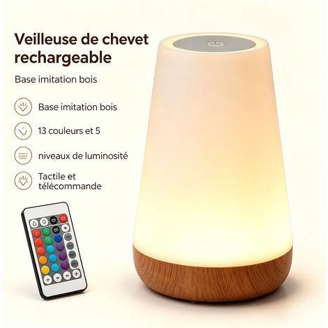 Veilleuse de chevet rechargeable design bois, 13 couleurs d'ambiance, luminosité réglable, cadeau déco chambre, taille 9,3 x 6,5 x 15,2 cm - Effet bois (1/5)