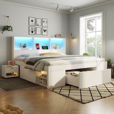 Cama 140x190 cm blanca de madera con almacenamiento, LED, USB-C y 2 mesitas móviles (1/5)