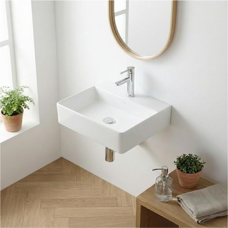 Mob-In – Vasque à poser carrée en céramique 40cm – Trou de robinet inclus – Trou d'évacuation standard 45mm – Installation facile