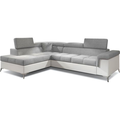 Canapé d'angle convertible Bi matière MARIDO - Coffre et appuis-tête réglables-Blanc/Gris clair-angle gauche (1/5)