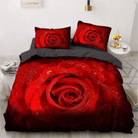 Bettwäsche-Set 135x200cm Rot Vintage Rose 3D-Druck Microfaser mit Reißverschluss