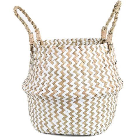 Panier à linge en osier tressé avec poignée, idéal pour ranger fruits et plantes (blanc). (1/5)