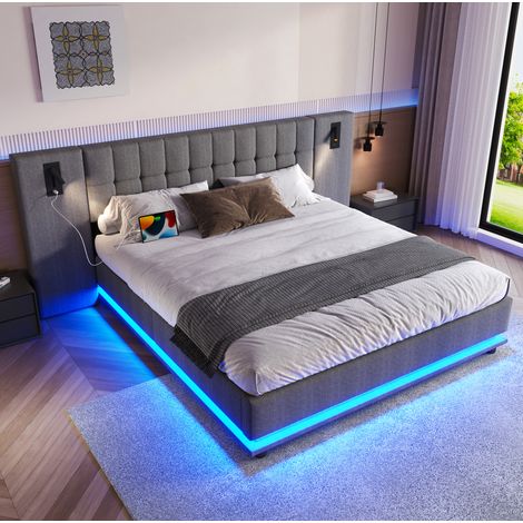 Lit rembourré en lin gris 180x200 cm avec LED, tête de lit avec spot et port USB, sans matelas (1/5)