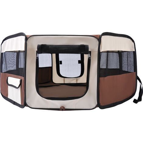 Enclos pliable octogonal pour chien chat petits animaux tissu Oxford acier Ø 90 x 41H cm marron beige