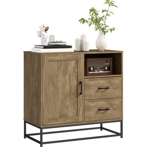Credenza Mobile Basso Multiuso Armadietto Cassetti e Vani a Giorno  80x40x78 cm in Legno e Acciaio Marrone (1/5)