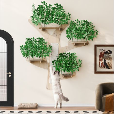 Albero tiragraffi da parete a forma di albero 155x210 cm, con piattaforme e superfici tiragraffi, legno, verde (1/5)