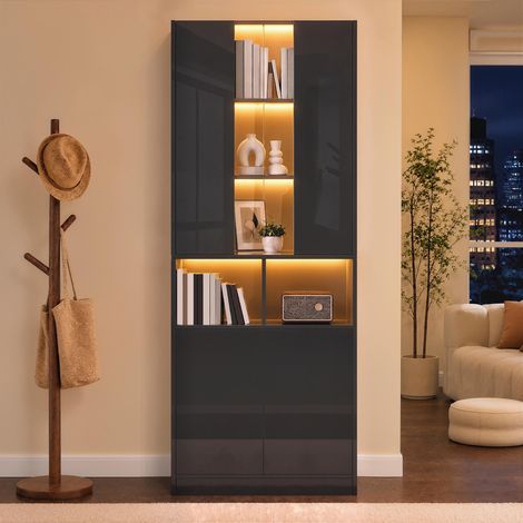 Armario alto mueble columna 70x35x180 cm para salón pasillo dormitorio - vitrina con puertas de acrílico e iluminación led inteligente app - mdf negro (1/5)