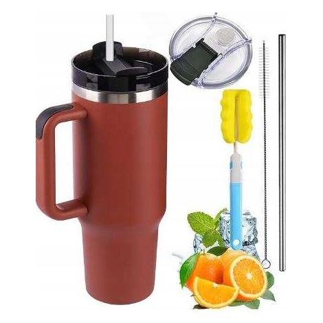 Thermos con cannuccia da 1200 ml con manico, colore bordeaux, set di accessori. (1/3)
