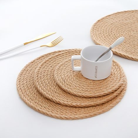 Sets de table tissés ronds de 25 cm (10 pouces) en jute tressé, résistants à la chaleur et antidérapants, pour table à manger, assiettes, casseroles et théières. (1/5)