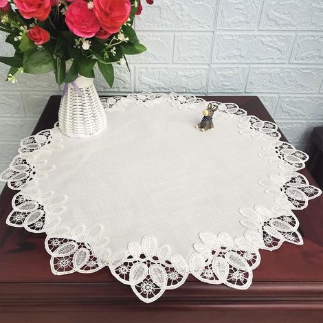 Ronde nappe en dentelle 60x60 cm blanc lin avec broderie