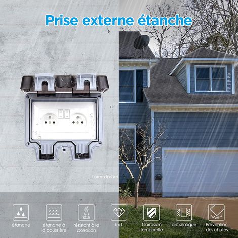 Prise extérieure étanche monobloc IP66 étanche extérieure (prise double avec interrupteur gris) (1/4)