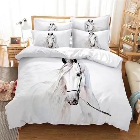 Housse de Couette - Animaux - Cheval Blanc - 220x240 cm - 2 Taies 65x65 cm - Microfibre Douce (1/4)