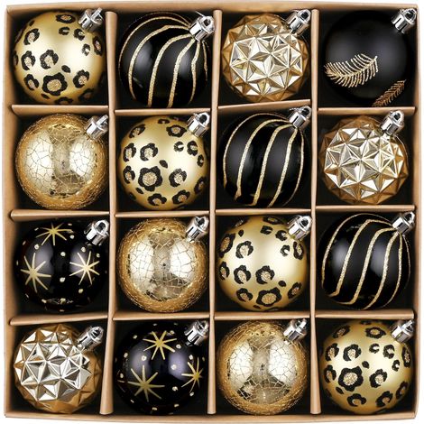 Lot de 16 Ornements de Noël 6cm Noir et Doré, Boules en Plastique Incassable Style Vintage, à Suspendre au Sapin, Décoration d'Arbre et Cadeau (1/5)
