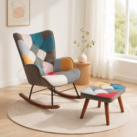Fauteuil à bascule 69,5x50x88,5 cm en bois multicolore avec repose-pieds, pour salon – MEUBLIV (1/5)