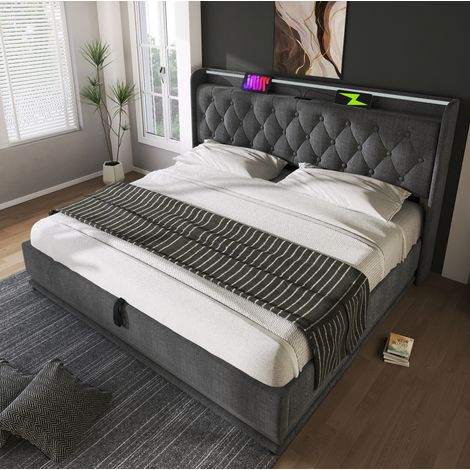 MEUBLIV Lit double rembourré 180 x 200 cm gris avec LED 360 degrés tête de lit capitonnée port USB type C rangement hydraulique cadre en fer (1/5)