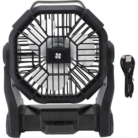 Ortviai Ventilateur de Camping Extérieur Rechargeable USB avec Lanterne LED, 10400 mAh, Noir