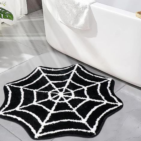 Tapis de bain motif toile d'araignée (80 x 80 cm) – Tapis antidérapant pour Halloween, lavable en machine, style gothique (noir et blanc) – Convient pour l'entrée, la chambre ou le salon. (1/4)