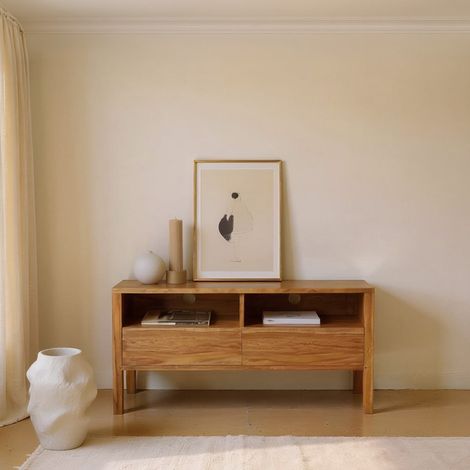 Berah Getah – Meuble TV en teck massif 100 cm – 2 tiroirs – Dimensions 100x40x50 cm – Bois imputrescible – Teinte claire et naturelle (1/4)