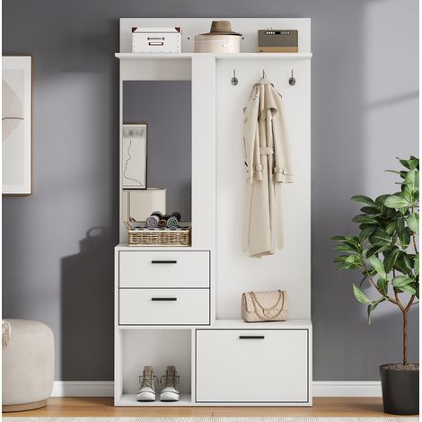 Attaccapanni guardaroba in MDF bianco con 3 ganci, 90 x 30 x 180 cm, specchio intero, 2 cassetti e scarpiera ribaltabile (1/5)
