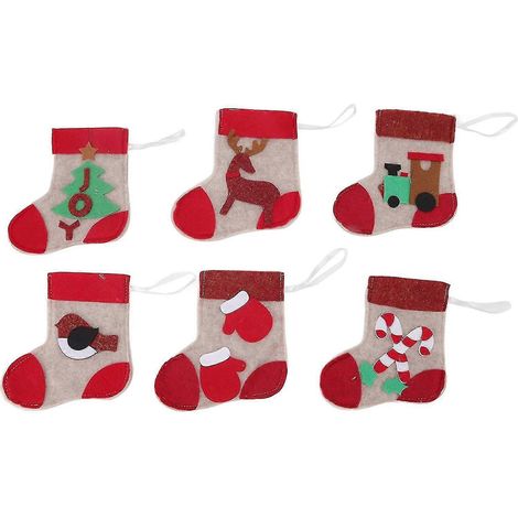 Chaussette décorative de Noël, petit sac cadeau, pendentif, décoration de Noël pour sapin, escaliers, cheminée, décoration de fête, rouge, marron, lot de 6 (1/4)